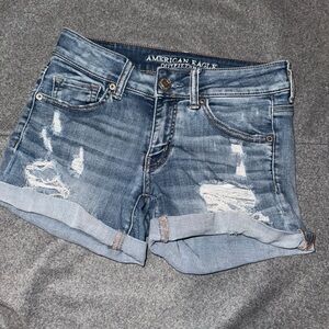American Eagle Outfitters Blue Midi Distressed Jean Shorts